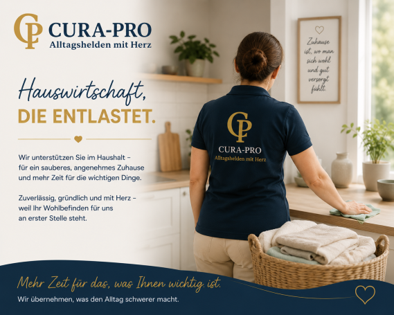 Frau mit CURA-PRO T-Shirt steht vor einem Tisch, präsentiert Haushaltshilfen.