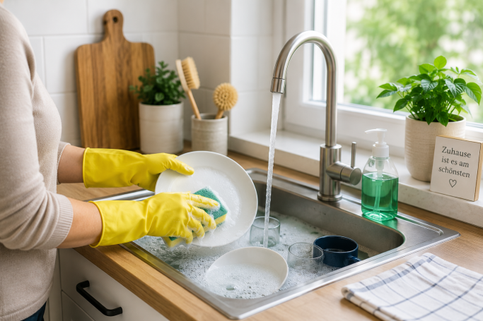 Person mit gelben Handschuhen wäscht Geschirr in einer hellen Küchenumgebung.