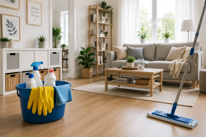 Reinigungsutensilien in einem hellen, modernen Wohnzimmer mit Sofa und Pflanzen.