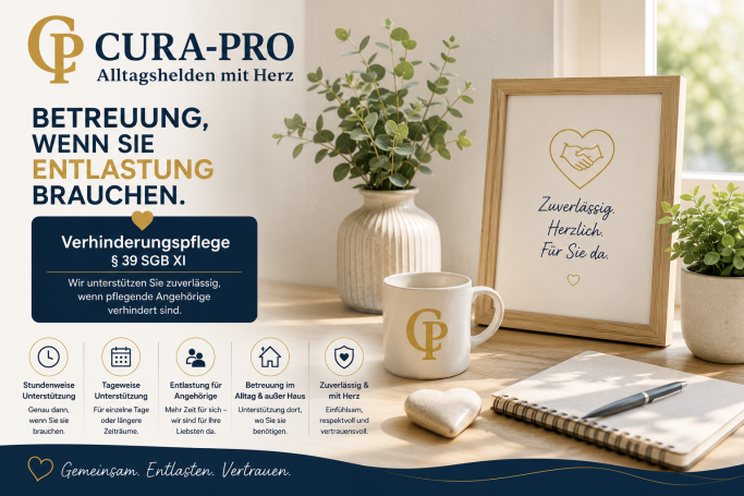 Text mit Herzsymbol und Informationen über Betreuung und Entlastung von Cura-Pro.