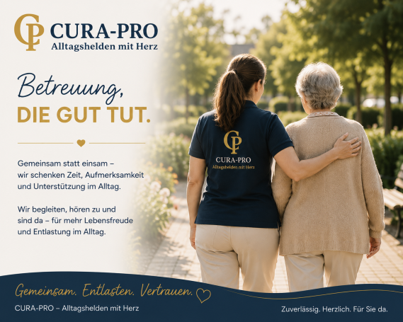 Zwei Frauen, eine mit schwarzem Shirt, gehen gemeinsam in die Natur. Text: "Betreuung, die gut tut."