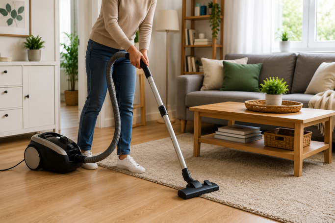 Frau saugt den Boden in einem modernen Wohnzimmer mit Sofa und Pflanzen.