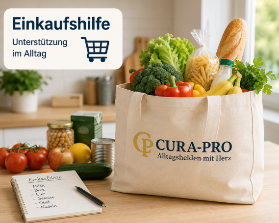 Stofftasche mit frischem Gemüse, Brot und Einkaufliste, mit Logo von Cura-Pro.