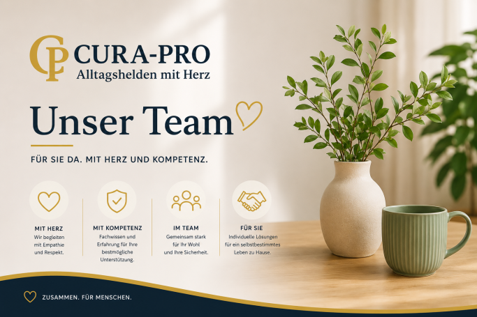 Präsentation des Cura-Pro-Teams mit Pflanzen und Tassen auf einem Tisch.