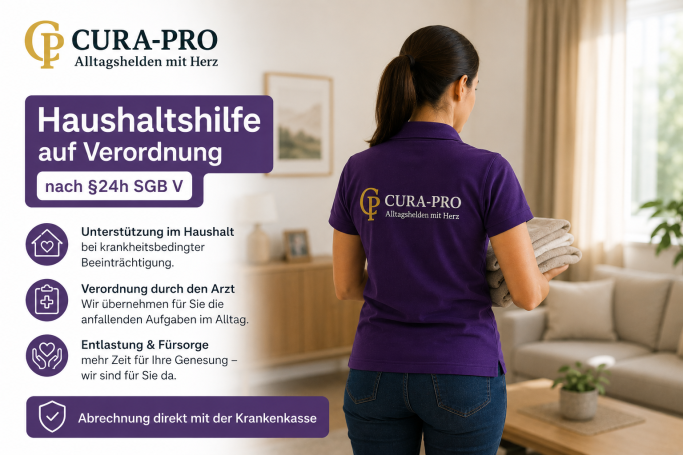 Frau in lila T-Shirt mit Logo, steht in einem hellen Raum mit Informationsgrafik.
