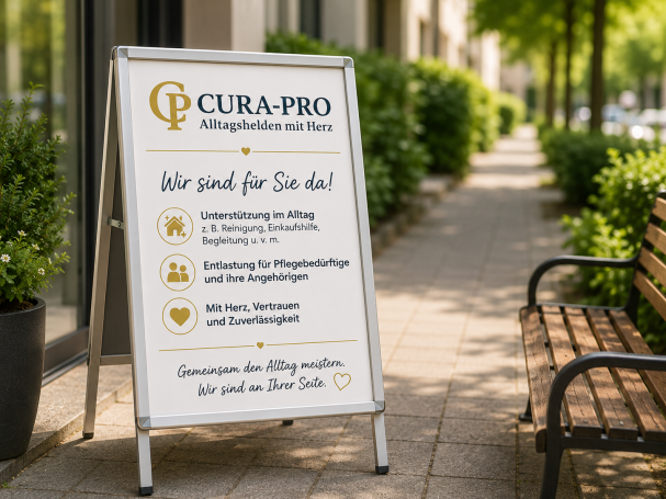 Wandständer mit Informationen zu CURA-PRO und Dienstleistungen im Gesundheitsbereich.