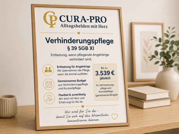 Informationstafel zu CURA-PRO Dienstleistungen in der Verhinderungspflege mit Preisangabe.