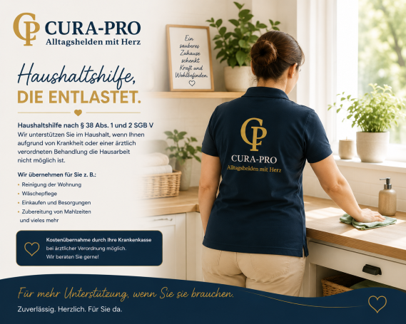 Frau in blauer Arbeitskleidung mit Logo, die an einem Küchentisch steht und putzt.