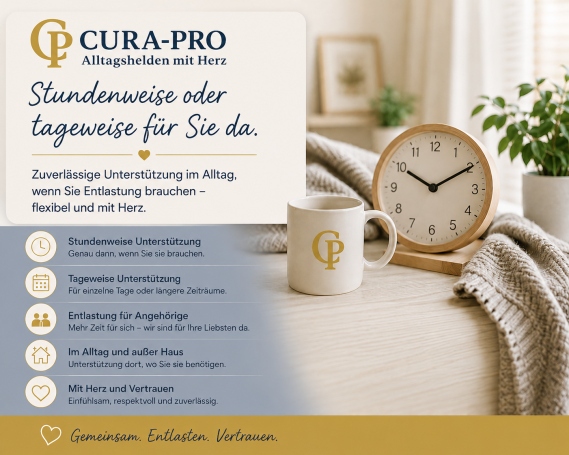CURA-PRO Logo mit Uhr und Dienstleistungen für Unterstützung im Alltag.