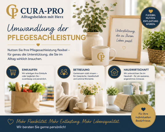 Informationen zur Umwandlung der Pflegeleistungen von CURA-PRO in ansprechendem Design.